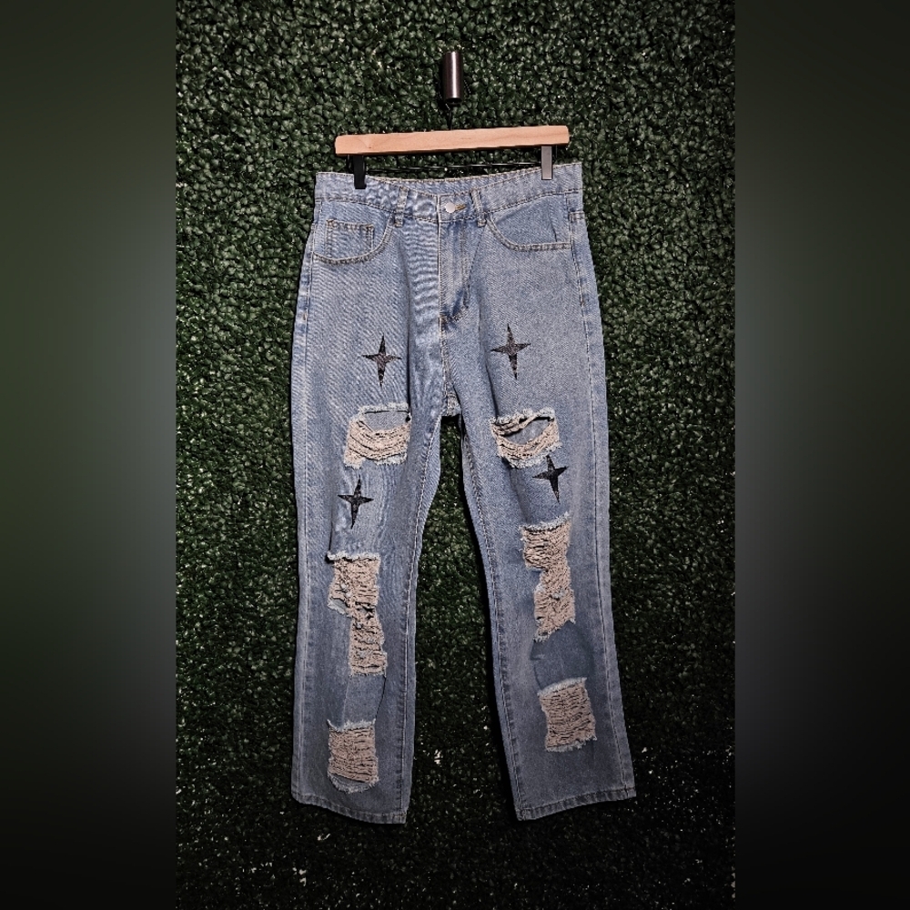 SHEIN Blue Distressed Jeans with Star Details